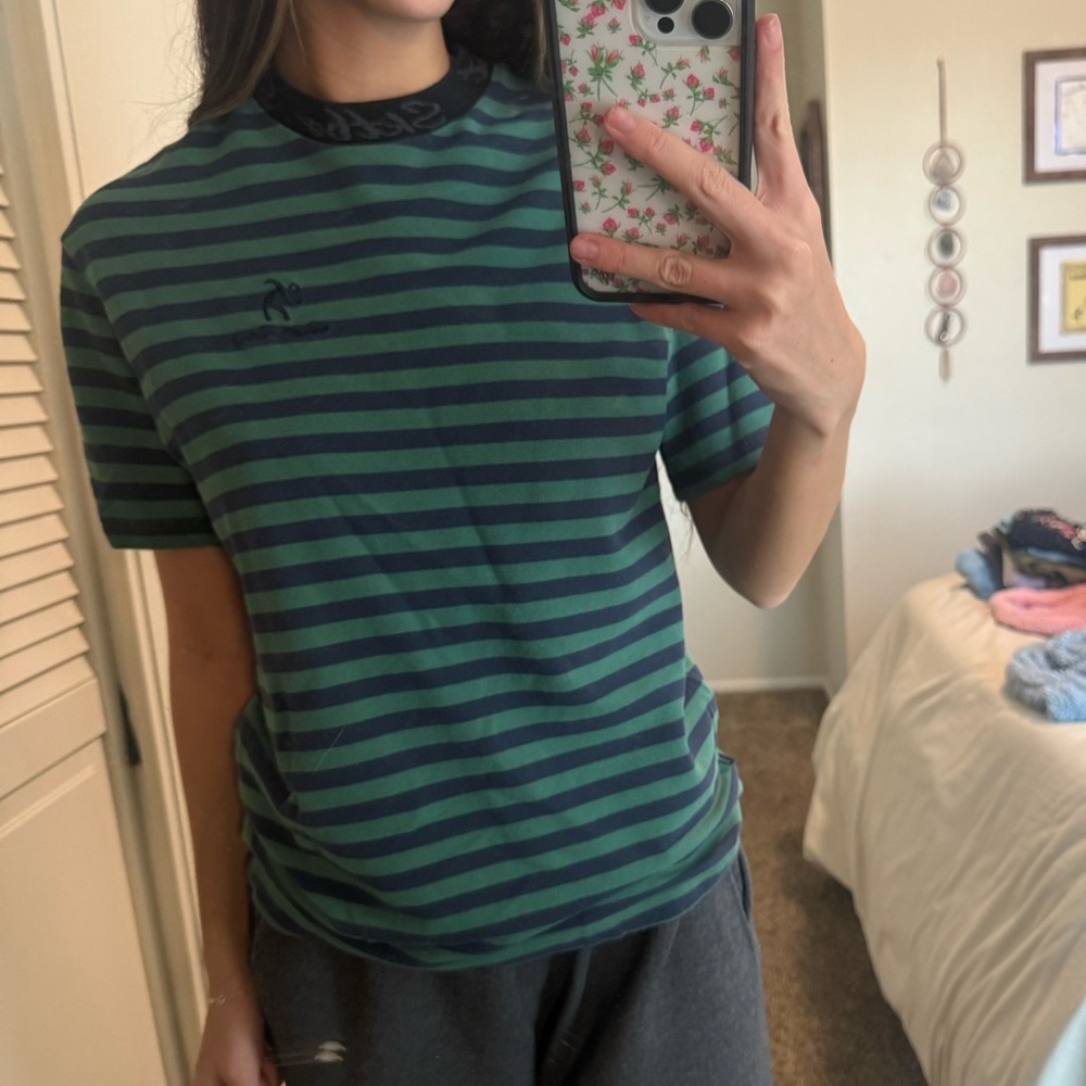 Urban Outfitters Green and Navy Striped Tee